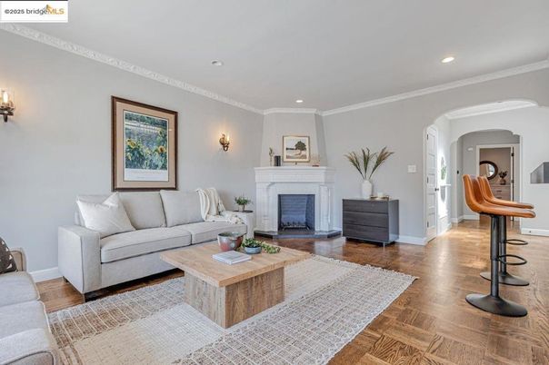 Fireplace, Interior, Living room, Recessed Lighting, Wood Texture Flooring