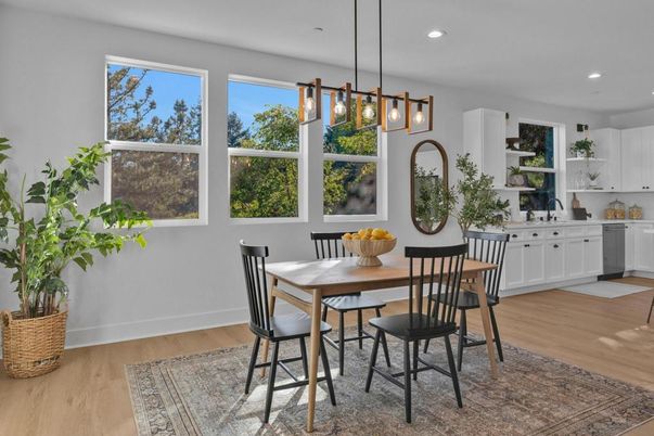 Dining room, Interior, Kitchen, Pendant Lights, Recessed Lighting, Wood Texture Flooring