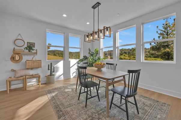 Dining room, Interior, Pendant Lights, Recessed Lighting, Wood Texture Flooring