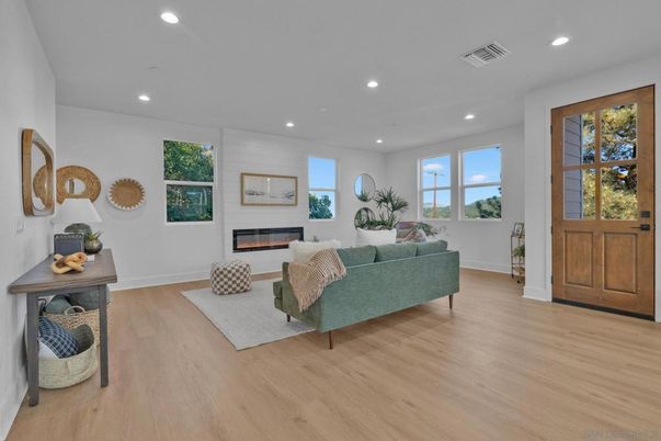 Fireplace, Interior, Living room, Recessed Lighting, Wood Texture Flooring