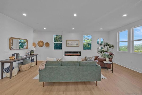 Fireplace, Interior, Living room, Recessed Lighting, Wood Texture Flooring