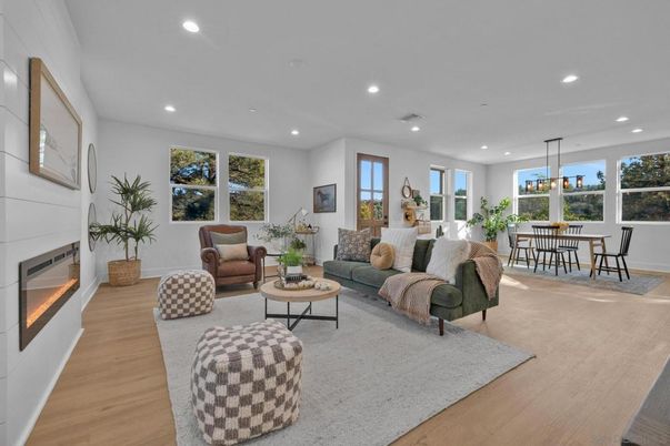 Dining room, Fireplace, Interior, Living room, Pendant Lights, Recessed Lighting, Wood Texture Flooring