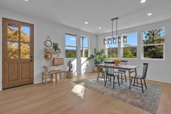 Dining room, Interior, Pendant Lights, Recessed Lighting, Wood Texture Flooring
