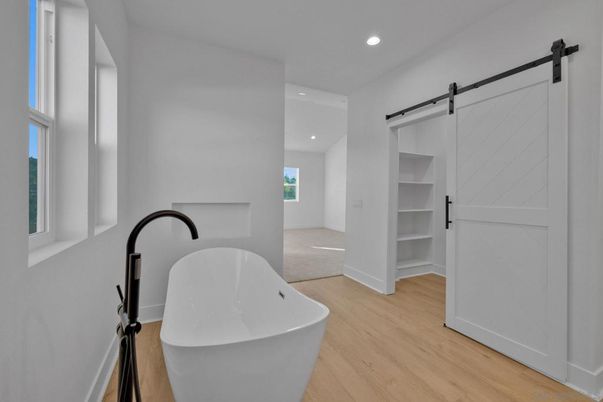 Bathroom, Free Standing Baths, Interior, Recessed Lighting, Wood Texture Flooring