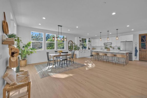 Dining room, Interior, Kitchen, Pendant Lights, Recessed Lighting, Wood Texture Flooring