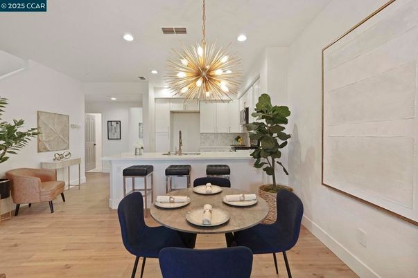 Dining room, Interior, Kitchen, Pendant Lights, Recessed Lighting, Wood Texture Flooring