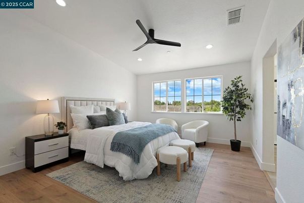 Bedroom, Interior, Recessed Lighting, Wood Texture Flooring