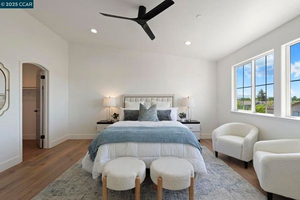 Bedroom, Interior, Recessed Lighting, Wood Texture Flooring