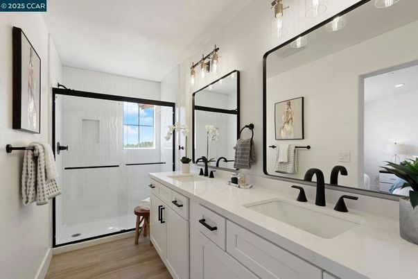 Bathroom, Dual Sink Vanities, Glass Shower, Interior, Wood Texture Flooring