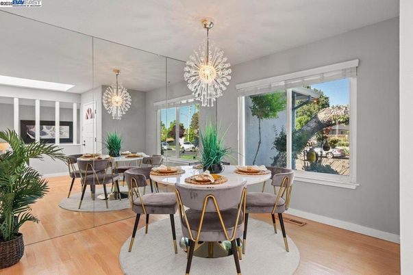 Chandelier, Dining room, Interior, Pendant Lights, Wood Texture Flooring