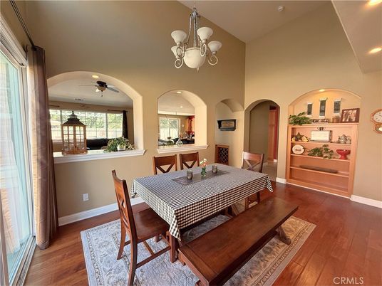 Chandelier, Dining room, Interior, Recessed Lighting, Wood Texture Flooring
