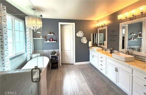 Bathroom, Dual Sink Vanities, Free Standing Baths, Interior, Wood Texture Flooring