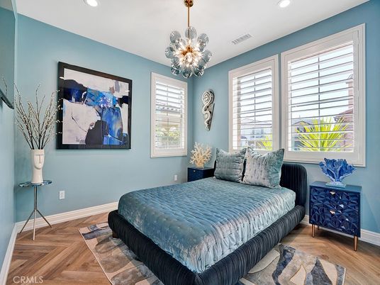 Bedroom, Interior, Pendant Lights, Recessed Lighting, Wood Texture Flooring