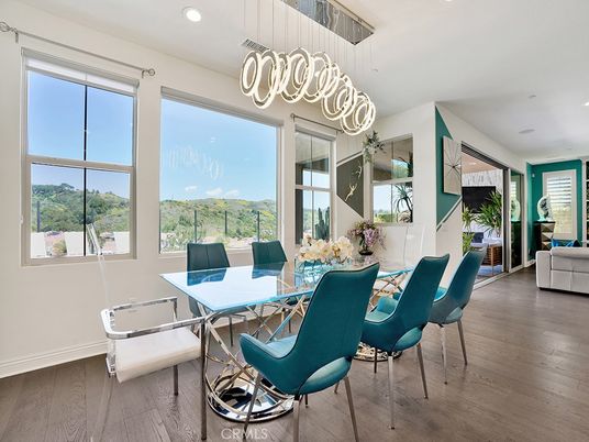 Dining room, Interior, Pendant Lights, Recessed Lighting, Wood Texture Flooring