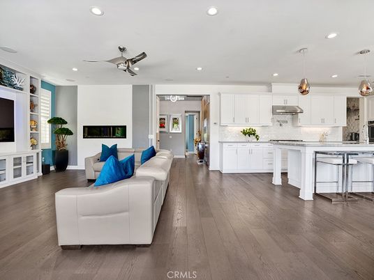 Fireplace, Interior, Kitchen, Living room, Pendant Lights, Recessed Lighting, Stainless Steel Appliances, Wood Texture Flooring
