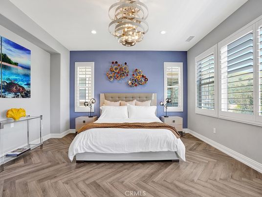 Bedroom, Interior, Pendant Lights, Recessed Lighting, Wood Texture Flooring