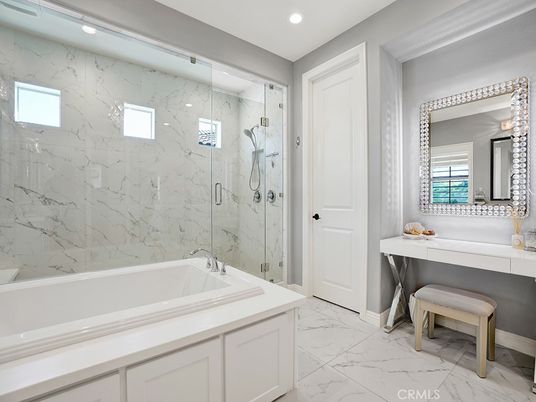 Bathroom, Glass Shower, Interior, Marble, Marble Walls, Recessed Lighting