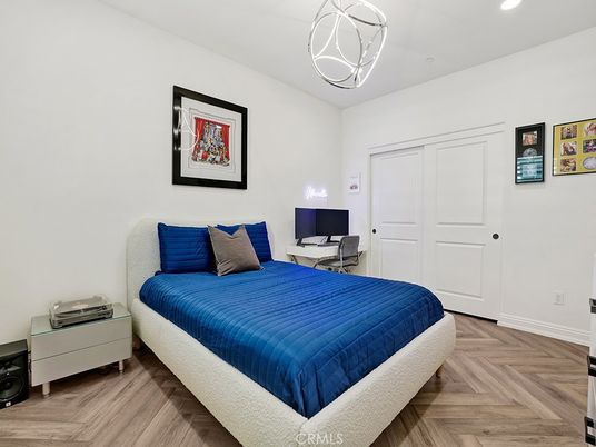 Bedroom, Chandelier, Interior, Wood Texture Flooring