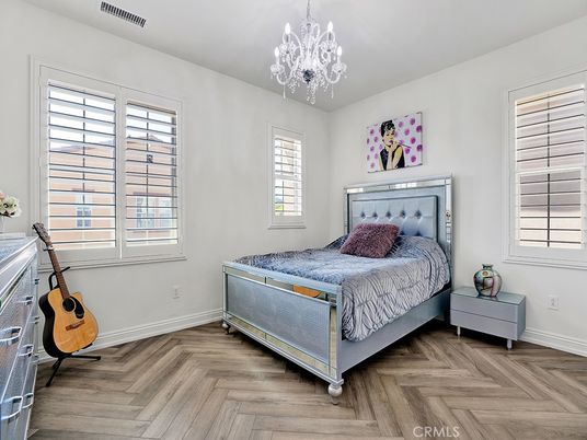 Bedroom, Chandelier, Interior, Wood Texture Flooring