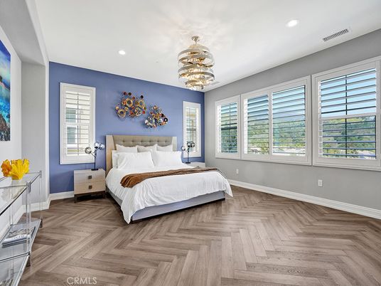 Bedroom, Interior, Pendant Lights, Recessed Lighting, Wood Texture Flooring
