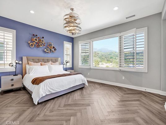 Bedroom, Interior, Pendant Lights, Recessed Lighting, Wood Texture Flooring