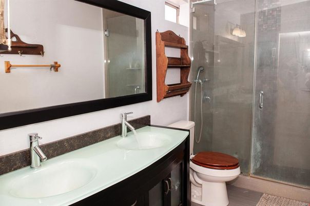 Bathroom, Glass Shower, Interior, Wood Texture Flooring
