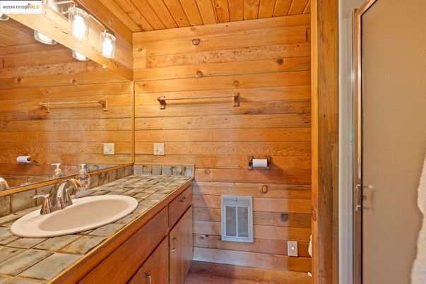 Bathroom, Interior, Tile Countertops, Wooden Ceilings, Wooden Walls