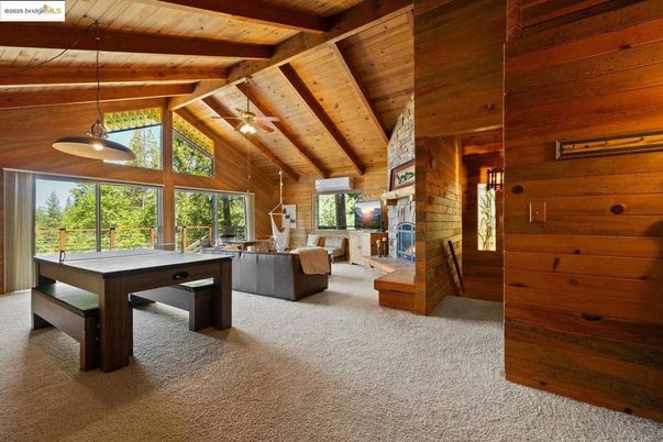 Billiard Table, Fireplace, Game Room, Interior, Pendant Lights, Wooden Beams, Wooden Ceilings, Wooden Walls