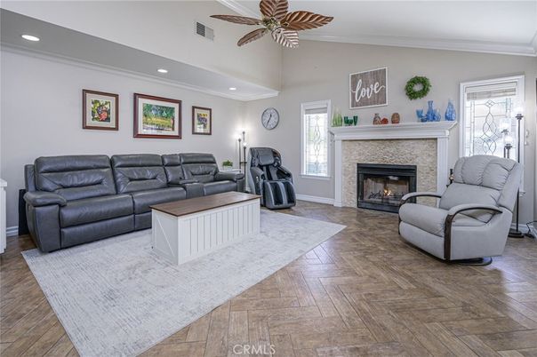 Fireplace, Interior, Living room, Recessed Lighting, Wood Texture Flooring