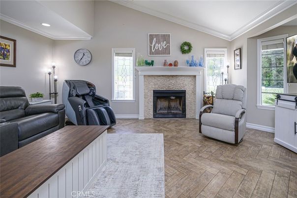 Fireplace, Interior, Recessed Lighting, Wood Texture Flooring