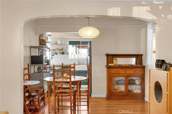 Dining room, Interior, Pendant Lights, Wood Texture Flooring