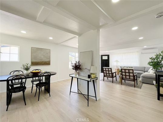 Dining room, Interior, Living room, Recessed Lighting, Wood Texture Flooring