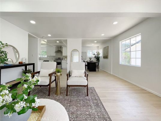 Dining room, Interior, Kitchen, Recessed Lighting, Stainless Steel Appliances, Wood Texture Flooring