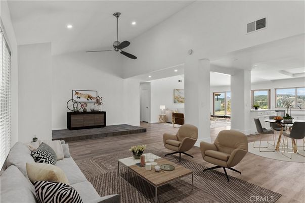 Dining room, Interior, Living room, Recessed Lighting, Wood Texture Flooring