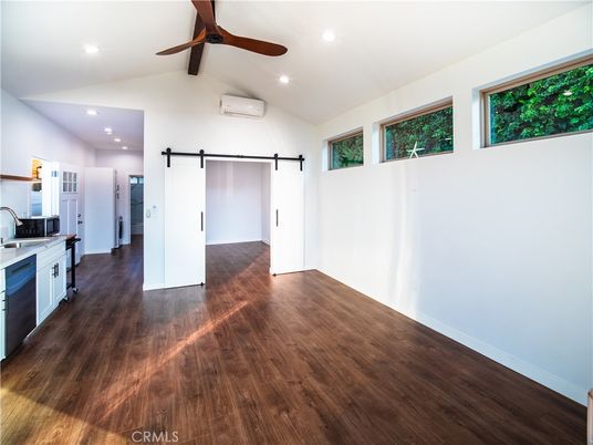 Empty room, Interior, Kitchen, Recessed Lighting, Wood Texture Flooring