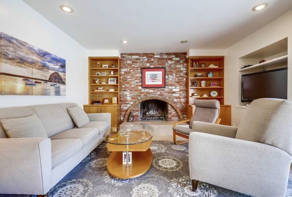 Fireplace, Interior, Living room, Recessed Lighting, Stone Walls