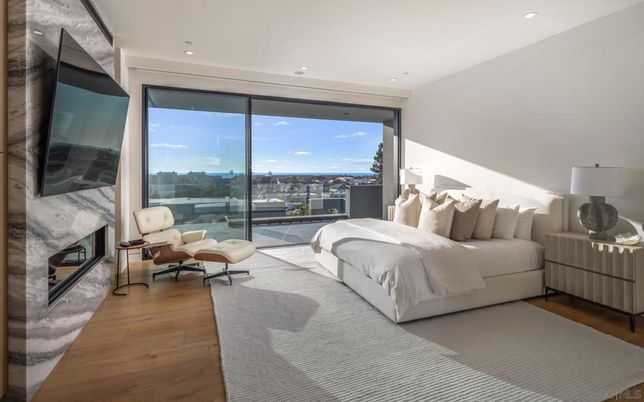 Bedroom, Fireplace, Interior, Recessed Lighting, Wood Texture Flooring
