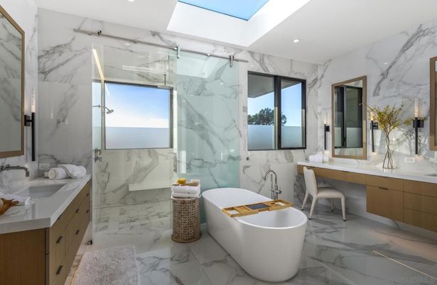 Bathroom, Dual Sink Vanities, Free Standing Baths, Glass Shower, Interior, Marble, Marble Walls, Recessed Lighting