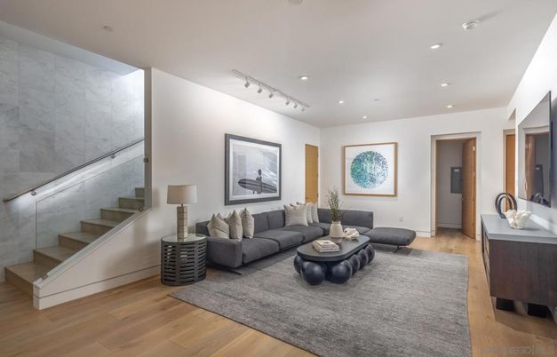 Interior, Living room, Marble Walls, Recessed Lighting, Wood Texture Flooring