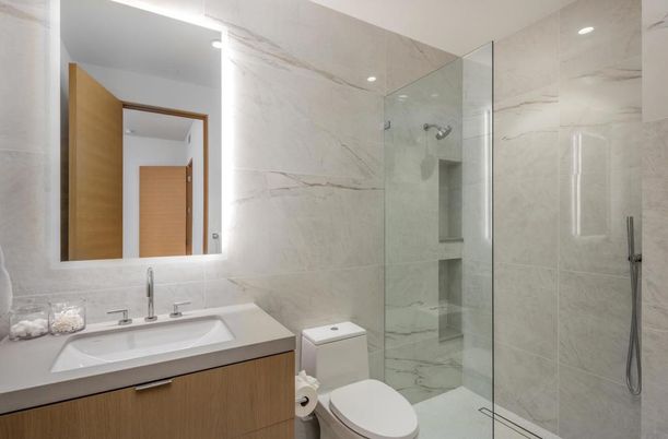 Bathroom, Glass Shower, Interior, Marble Walls, Recessed Lighting