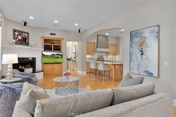 Fireplace, Interior, Kitchen, Living room, Recessed Lighting, Wood Texture Flooring