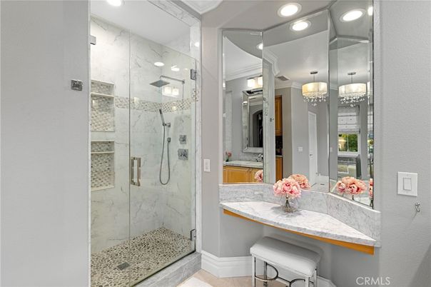 Bathroom, Glass Shower, Interior, Marble Walls, Pendant Lights, Recessed Lighting
