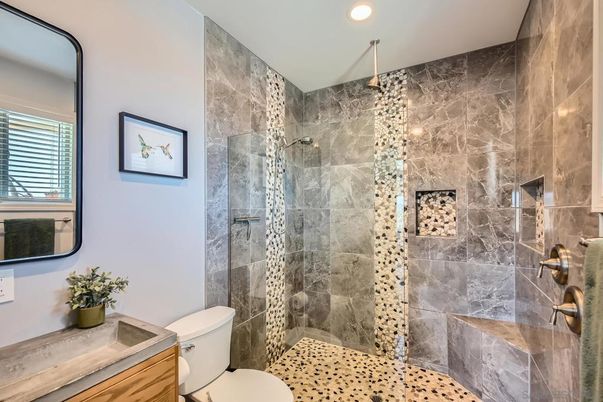 Bathroom, Glass Shower, Interior, Marble Walls, Recessed Lighting