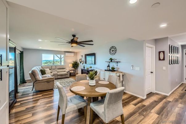 Dining room, Interior, Living room, Recessed Lighting, Wood Texture Flooring