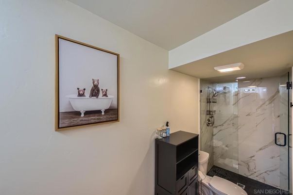 Bathroom, Glass Shower, Interior, Marble Walls, Recessed Lighting