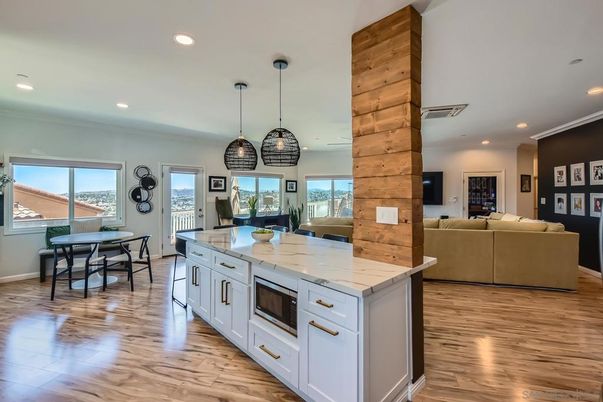 Dining room, Interior, Kitchen, Living room, Pendant Lights, Recessed Lighting, Wood Texture Flooring, Wooden Walls