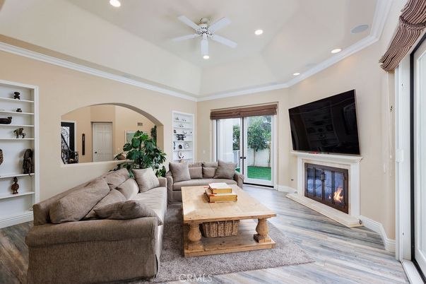 Fireplace, Interior, Living room, Recessed Lighting, Wood Texture Flooring