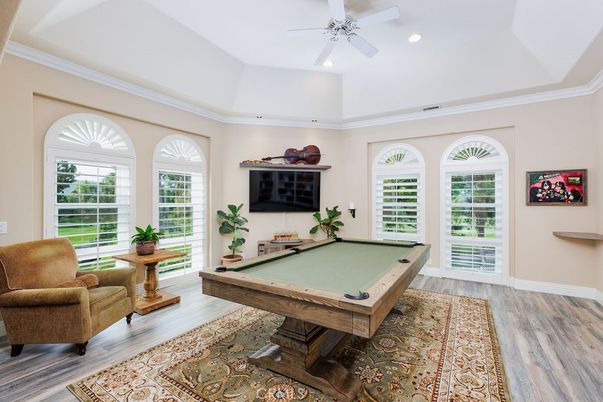 Billiard Table, Game Room, Interior, Recessed Lighting, Wood Texture Flooring