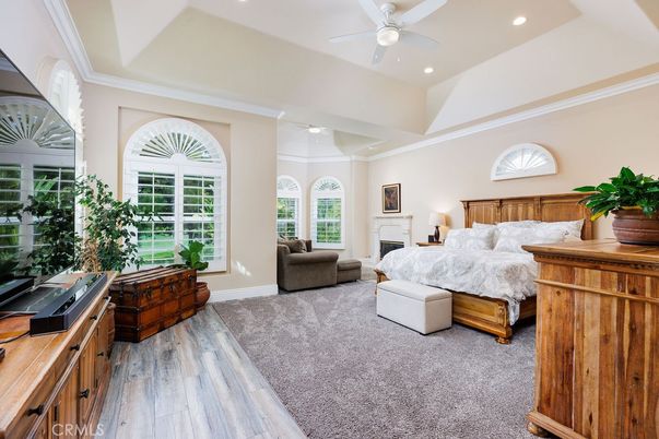 Bedroom, Fireplace, Interior, Recessed Lighting, Wood Texture Flooring