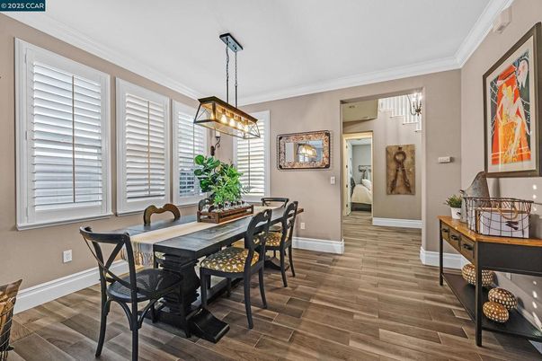 Dining room, Interior, Pendant Lights, Wood Texture Flooring